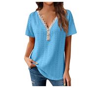 Azruma GroßE GrößEn Damen Oberteile Spitzen Top Damen Sweatshirt Jacke Damen Mit Kapuze Elegant Spitze Patchwork Gestreiftes Drucken Einfarbig V-Ausschnitt Kurzarm Shirt Satin Bluse (Blau, M)