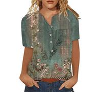 Azruma GroßE GrößEn Damen Oberteile T-Shirt Damen Schwarz Uv Shirt Baby Oversize V-Ausschnitt Drucken Button Down Kurzarm Bluse Mit Brusttasche Strandtunika (2-Multicolor, L)