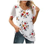 Azruma GroßE GrößEn Damen Oberteile Top Mit Spitze Damen Top Frauen Elegant Einfarbig V-Ausschnitt Swiss Dot Puff ÄRmel Bluse Locker Kurze ÄRmel Oberteile Sport T Shirt Damen (2-White, S)
