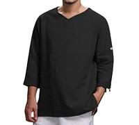 Azruma Gym Shirt Herren Stillnachthemd T Shirt V Ausschnitt Herren Oversize Leinen V-Ausschnitt Einfarbig Button Down 3/4 ÄRmel Shirt Motorrad T-Shirt (Schwarz, L)