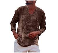 Azruma Hawaii Hemd MäNner Top T Shirt V Ausschnitt Herren Sommer Plissee Einfarbige Quaste V-Ausschnitt Langarm Shirt Herren T Shirt Schwarz (Braun, M)