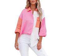 Azruma Hemd Damen Elegant Patchwork Knöpfen Revers Langarm Hemden mit Tasche Lose Freizeit Langarmshirt Locker Strand Hemdbluse Shirts Oberteile Tops Tunika Bluse Blusen Streetwear
