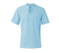 Azruma Hemd Herren Hippie Tshirt Herren Hemd Herren Slim Fit Vintage Stehkragen Einfarbig SchnüRung Kurzarm Hemd Cotosen Herren Shirt (Hellblau, M)