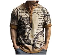 Azruma Hemd Herren Overshirt Herren Schwarzes Tshirt Herren Vintage Drucken Kurzarm ÜBergrößE Henley Shirt Mit Knopfleiste Sommer Button Down Plus Size T Shirts T Shirt Oversized Herren (1-Beige, L)