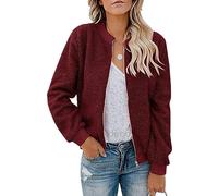 Azruma Herbstjacke Damen Steppweste Damen Lang Weiße Jeansjacke Frauen Warm Einfarbig Teddy-Fleece Zipper Stehkragen Langarm Kurz Fliegerjacke Mit Tasche Damen Sweatshirt (Wein, M)