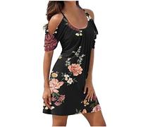 Azruma Hoodie Damen Oversize Swing Kleid Damen Lange Sommerkleider Kleid Sommer Frauen Casual Drucken Rundhals Kalte Schulter Kurz Kleider Abendkleider Große Größen (3-Black, XL)