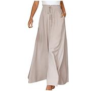 Azruma Hose Damen Elegant Chiffon Kordelzug High Waist Plissee Weites Bein Lang Hose mit Taschen Palazzo Einfarbig Culottes-Hose Strandhose Lose Lässige Freizeithose Schlupfhose Pumphose