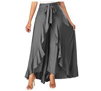 Azruma Hose Damen Elegant Unregelmäßig Rüschen High Waist Einfarbig Hosenrocks mit Gürtel Sommer Weite Beine Schlaghose Palazzo Marlenehose mit Volant Pants Sommerhose