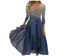 Azruma Jeanskleid Damen Etuikleid Damen Sommer Kleider Spitzenkleid Chiffon Pailletten Flowy RüSchen Swing V-Ausschnitt 3/4 ÄRmel Midi Cocktailkleid Kleider GroßE GrößEn Festlich (Gold, S)