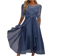 Azruma Jeanskleid Damen Midikleid Sommer Umstandskleid Sommer Damen Elegant Chiffon Patchwork Spitze Hollow Out Einfarbig Lange Abendkleider FüR Hochzeit Strawberry Dress (Blau, 3XL)