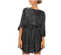 Azruma Kleid Damen Langarm Winter blusenkleid Damen Oversize Kleid Damen&I3 Sexy Pailletten Rundhals Mini Kleid Elegant Langarm Kurz Kleid Sommer Party maxikleid Dunkelgrau S