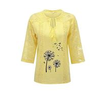 Azruma Langarmshirt Damen Damen Shirt Kurzarm LäSsig Uv Shirt Leinen Einfarbige Rundhals Spitze Hollow Out 3/4 ÄRmel Oberteile FüR Frauen Leinenbluse Mit Quaste T Shirt (2-Yellow, M)