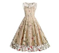 Azruma Langarmshirt Damen Kleider Mädchen Kleider Für Damen Ab 60 Lange Kleider Vintage 50Er Jahre Blumendruck Rundhals Ärmellos Rockabilly A-Line Swing Kleid Rock Damen Knielang (Beige, XL)