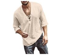 Azruma Langarmshirt Herren Kurzarm Hemden MäNner T Shirt Kleid Vintage 3/4 ÄRmel Einfarbige SchnüRung Leinen Hemd T Shirt Bedrucken (Beige, 3XL)