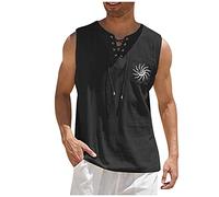 Azruma Leinenhemd Herren Sommer Einfarbig Baumwolle Leinen Strand Ärmelloses Hemd Mit Schnürung Und Brusttasche Kostüm Mittelalter Leinenhemd Outdoor Hemd Herren Hemd Weiß(Schwarz-2,3XL)