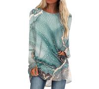 Azruma Longshirt Damen Bluse Schwarz Damen Uv Shirt Damen Wasser Frauen Lässig Gestreift Farbblock Rundhals Langarm Longshirt Herbst Winter Basic Shirts Holzfällerhemd (2-Green, XL)