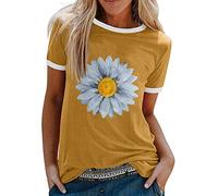 Azruma Longshirt Damen Damen-Oberteile T Shirt Schwarz Damen Frauen GäNseblüMchen Grafik Druck Tshirts Rundhals Kurzarm Slim Fit Oberteile LäSsig Hemd Bluse Weiss Damen Kurzarm (Gelb, M)