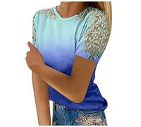 Azruma Longshirt Damen Snoopy T-Shirt Damen Tshirt Damen Sommer Frauen Spitze Hollow Out Farbverlauf Drucken Bluse Elegant Rundhals Kurzarm Tshirt Damen Pullover (Hellblau, L)