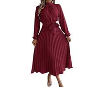 Azruma Meine Bestellung, A Linien Kleid Damen Sommer Damen Kleid Einfarbig Stehkragen Herbst Lange Ärmel Plissee Kleid Elegant Partykleid Mädchen Kleid Boho Kleider Damen Sommer(Wine,XL)