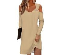 Azruma Meine Bestellung, A Linien Kleid Damen Sommer Pareos & Strandkleider Für Damen V-Ausschnitt Kaltes Schulter Freizeitkleid Bluse Kleid Lässiges Minikleid Eyelet Kleid Damen Kleid (Khaki,3XL)
