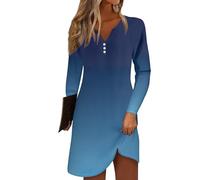 Azruma Meine Bestellung Anzeigen, A Linien Kleid Damen Sommer Kleider Damen Sommer Bluse Kleid V-Ausschnitt Gradient Knopfleiste Minikleid Lässiges Leichtes Lange Ärmel Kleid Sommer (Dark Blue,S)