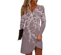 Azruma Meine Bestellung Anzeigen, A Linien Kleid Damen Sommer Sommerkleid Damen Knielang Druck V-Ausschnitt Knopfleiste Minikleid Lässiger Herbst Lange Ärmel T-Shirt Kleid Kleid Damen (,)(,)