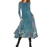 Azruma Meine Bestellung Anzeigen, Kleid Damen Sommer Sommerkleid Blumendruck Rundhals Langarm Kleid Elegant Tunika Maxikleid Mit Tasche Kleid Sommer Sommer Kleid(Sky Blue,S)