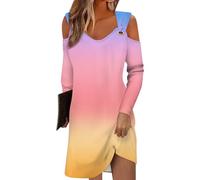 Azruma Meine Bestellung Anzeigen, Sommerkleid Damen Kleider Damen Farbverlaufsdruck V-Ausschnitt Lange Ärmel Kleid Casual Minikleid Tshirt Kleid Damen Sommerkleider Damen Leicht Und Luftig(Pink,S)