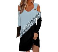 Azruma Meine Bestellung Anzeigen, Sommerkleid Hochzeitsgast Kleid Damen Farbverlaufsdruck V-Ausschnitt Lange Ärmel Kleid Casual Minikleid Kleid Damen Sommer Kleid Langarm(Light Blue,XXL)