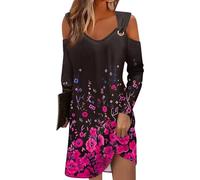 Azruma Meine Bestellung, Kleid Damen Sommer Sommerkleider Damen Blumendruck V-Ausschnitt Langarm Bluse Kleid Lässiges Mini Eyelet Kleider Damen Kleid Sommerkleid Damen Midi(Hot Pink,XL)