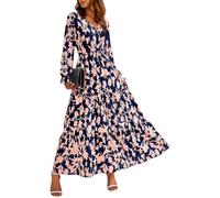 Azruma Meine Bestellung, Sommerkleid Damen Elegant Sommerkleid Damen Leicht Und Luftig Blumendruck V-Ausschnitt Lange Ärmel Kleid Damen Taille Maxikleid Sexy Kleid Damen Kleider Damen (Royal Blue,S)
