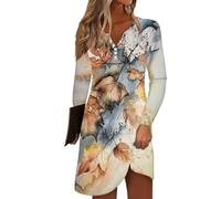 Azruma Meine Bestellungen Anzeigen 2024, Sommerkleid Damen Knielang Damenkleider Sommer Blumendruck V-Ausschnitt Knopfleiste Lange Ärmel T-Shirt Kleid Lässiges Minikleid Sexy Kleid Damen (Orange,XL)