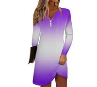 Azruma Meine Bestellungen Anzeigen, Midi Kleid Damen Sommer Strandkleid Damen Bluse Kleid V-Ausschnitt Gradient Knopfleiste Minikleid Lässiges Leichtes Lange Ärmel Weißes Kleid Schicke (Purple,L)