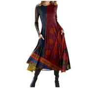 Azruma Meine Bestellungen Anzeigen, Sommerkleid Boho Kleid Damen Blumendruck Rundhals Maxikleid Elegant Damen Tunika Kleid Mit Tasche Kleid Damen Elegant Schicke Sommerkleider(Deep Red,S)