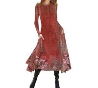 Azruma Meine Bestellungen Anzeigen, Sommerkleid Midi Abendkleider Elegant Für Hochzeit Blumendruck Rundhals Langarm Kleid Elegant Tunika Maxikleid Mit Tasche Boho-Kleid Maxikleid Langarm(Wine,M)