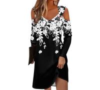 Azruma Meine Bestellungen, Kleider Damen Sommer Damenkleider Sommer Blumendruck V-Ausschnitt Langarm Bluse Kleid Lässiges Mini Eyelet Kleider Kleid Damen Sommerkleid Damen Midi(Black,XXL)