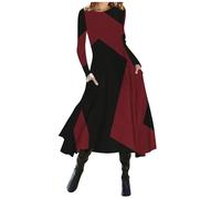Azruma Meine Bestellungen, Sommerkleid Damen Elegant Kleid Hochzeitsgast Damen Druck Rundhals Maxikleid Taille Langarm Kleid Mit Tasche Kleid Damen Damen Sommerkleid(Red,L)
