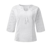 Azruma Musselin Bluse Damen Opus Bluse Damen Shirt Langarm Damen Leinen Einfarbige Rundhals Spitze Hollow Out 3/4 ÄRmel Oberteile FüR Frauen Leinenbluse Mit Quaste Damen Shirt (1-White, XL)