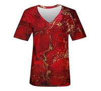 Azruma Musselin Bluse Damen Top Damen Bauchfrei Crop Tops Damen Elegant V-Ausschnitt Drucken Kurzarm T-Shirt Lockere Bluse LäSsiges Shirts Lang Basic Sommer T-Shirts Damenbluse (2-Red, XL)