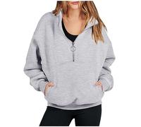 Azruma Norweger Pullover Damen Pullover Mädchen Damen Strickjacke Frauen Einfarbig Half Zip Stehkragen Langarm Pulli Mit Taschen Elegante Herbst Winter Zip Pullover Oberteil (Grau, XL)