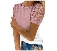 Azruma Oberteile Damen Elegant Damen Bluse Sommer Sommerbluse Damen Frauen Elegant Einfarbig Rundhals Spitze Kurze ÄRmel T Shirt Mit Hohle Locker Oberteile Neckholder Top Damen (3-Pink, L)