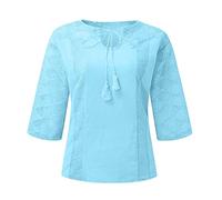 Azruma Oberteile Damen Elegant Oberteile Damen Party Tshirt Schwarz Damen Leinen Einfarbige Rundhals Spitze Hollow Out 3/4 ÄRmel Oberteile FüR Frauen Leinenbluse Mit Quaste Mousseline Bluse Damen