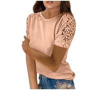 Azruma Oberteile Damen FrüHling Bluse Schwarz Damen T-Shirt MäDchen Frauen Elegant Einfarbig Rundhals Spitze Kurze ÄRmel T Shirt Mit Hohle Locker Oberteile Bikini Oberteil Schwarz (1-Beige, L)