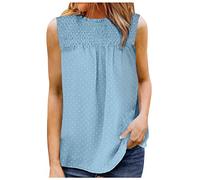 Azruma Oberteile Damen FrüHling Sport Top Damen Fitness Shirt Kleid Damen Elegant Einfarbig Swiss Dot Plissee Rundhals ÄRmelloses Tank Top LäSsige ÄRmellos Oberteile Umstandsbluse (1-Light Blue, L)
