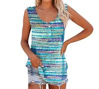 Azruma Oberteile Damen Sommer 3/4 Arm Shirt Damen Strickjacke Damen Elegant Drucken V-Ausschnitt ÄRmelloses Racerback Tanktop Mit Knopfleiste Sommer Tshirt Damen (2-Blue, 5XL)