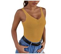 Azruma Oberteile Damen Sommer Sexy Ausgefallene Oberteile Damen Shirts Damen Elegant Einfarbig ÄRmellos V-Ausschnitt Slim Tanktop Ladies ÄRmellose Stricktop T Shirt MäDchen 152 (Gelb, S)