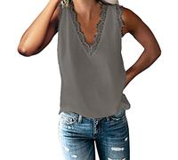 Azruma Oberteile Damen Sommer Sexy Blusen Damen Blusenshirt Elegant Einfarbig Lace V-Ausschnitt Weste Sommer ÄRmellose Blusentop Mit Spitze Loose Fit T Shirt Damenblusen Kurzarm (Grau, XXL)