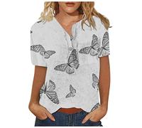 Azruma Oberteile Damen Sommer Sexy Chiffon Bluse Damen SprüChe Tshirt Casual Leinen Rundhals Button Down Drucken Kurzarmshirt Mit Brusttasche Uv Shirt (3-Gray, M)