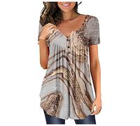 Azruma Oberteile Damen Sommer Sexy Opus Bluse Damen Schwimmshirt Damen Elegant Drucken/Glitzer Plissee Button Down V Ausschnitt Kurzarm GroßE GrößEn Shirt Langarmshirt Damen Schwarz (2-Gray, M)