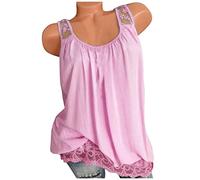 Azruma Oversize Shirt Damen Chiffon Bluse Damen T Shirt Bedrucken Einfarbig Rundhals ÄRmellos Spitze Racerback Oversize Tanktop Mit Plissee Funktionsshirt (Rosa, L)